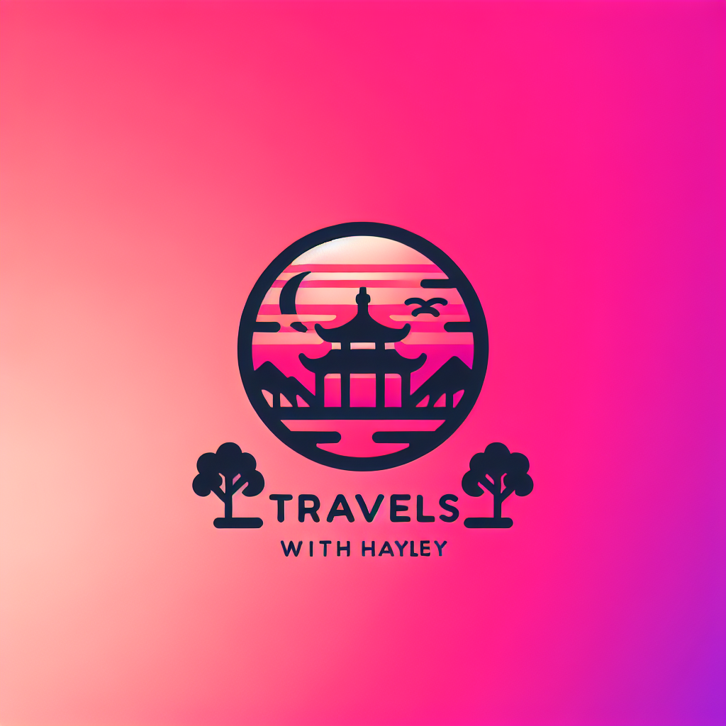 Pink Use words Travels with Hayley A logo for a travel site focused on the adventures and discoveries of Hayley, capturing the spirit of exploration and wanderlust in a design that is adventurous and vibrant, reflecting a love for new experiences and cultures.